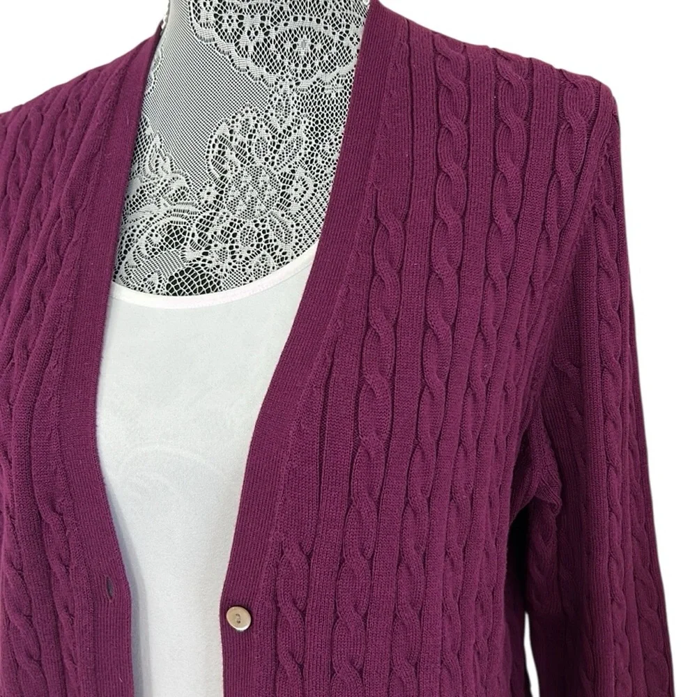 Lands’ End women’s Size Large‎ Petite purple cable knit long sleeve cardigan